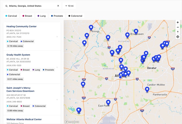 American Cancer Society store locator on getscreened.cancer.org, built with StoreRocket