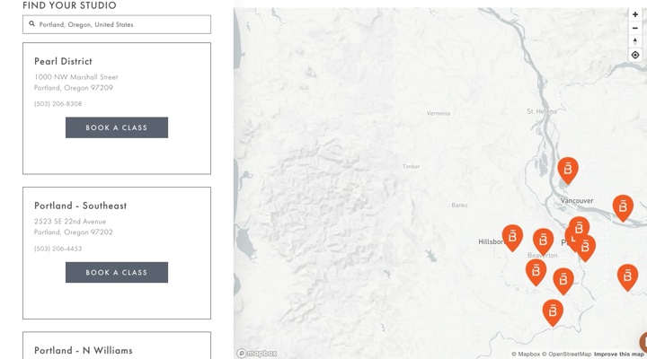 barre3 store locator on barre3.com, built with StoreRocket