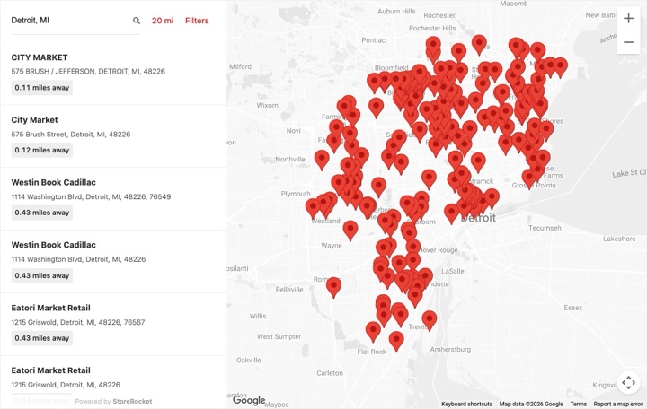 Buddy's Pizza store locator on buddyspizza.com, built with StoreRocket