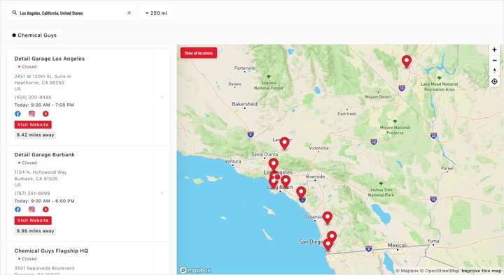 Chemical Guys store locator on chemicalguys.com, built with StoreRocket
