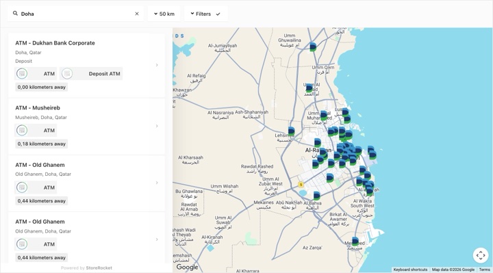 Dukhan Bank store locator on dukhanbank.com, built with StoreRocket