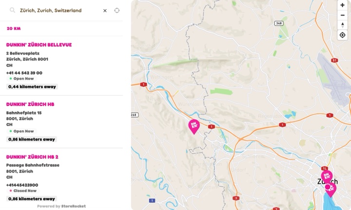 Dunkin' store locator on dunkindonuts.ch, built with StoreRocket