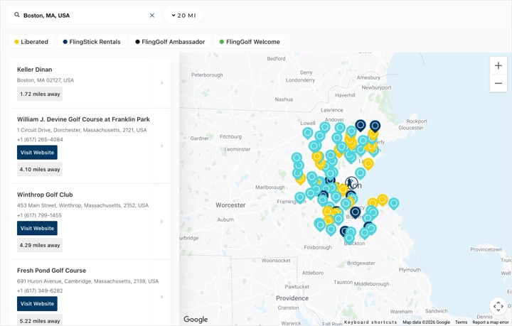 Fling Golf store locator on flinggolf.com, built with StoreRocket