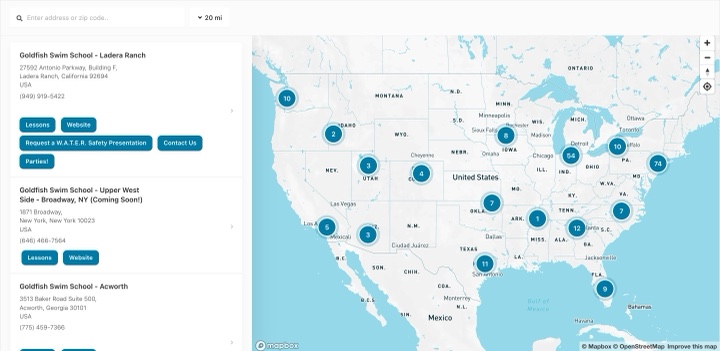 Goldfish Swim School store locator on goldfishswimschool.com, built with StoreRocket