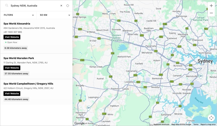 Jacuzzi store locator on jacuzzispas.com.au, built with StoreRocket