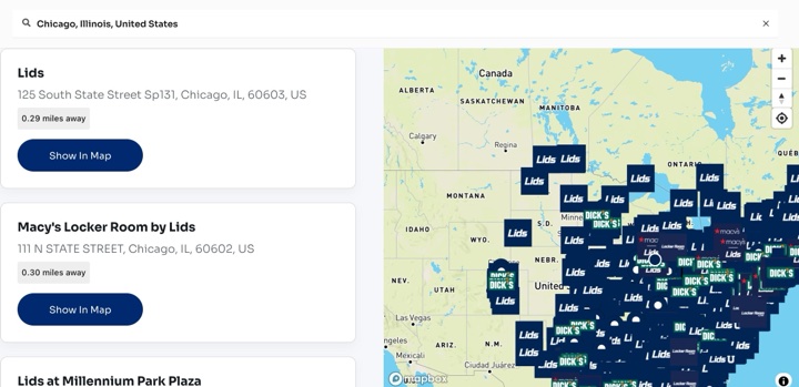 Lids store locator on accesspassloyalty.com, built with StoreRocket