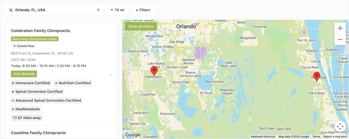 MaxLiving store locator on maxliving.com, built with StoreRocket