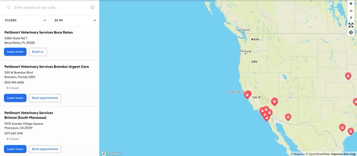 PetSmart Veterinary Services store locator on pvshospitals.com, built with StoreRocket