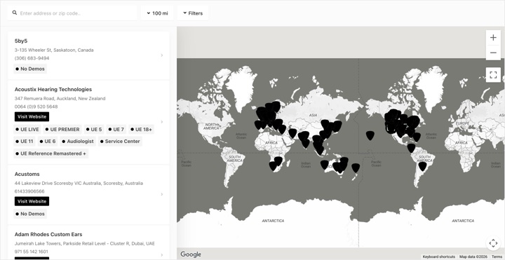 Ultimate Ears PRO store locator on pro.ultimateears.com, built with StoreRocket