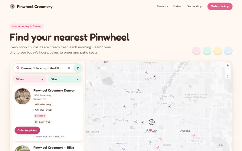 An example Pinwheel Creamery website, with a header, the headline Find your nearest Pinwheel and the StoreRocket locator showing Denver shops on a map and in a list.