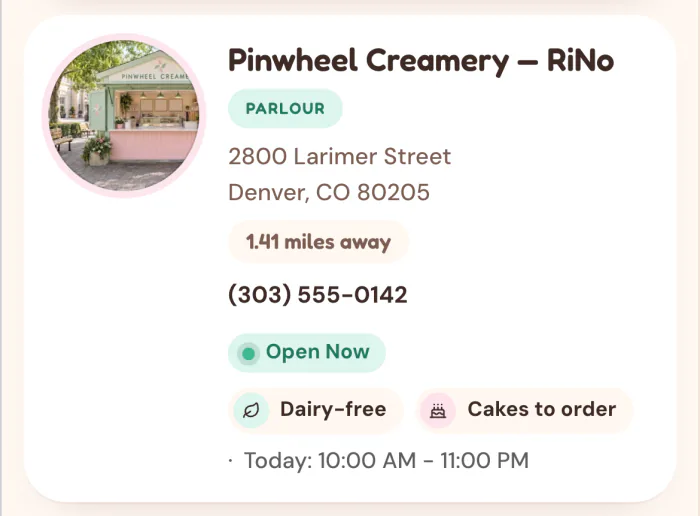 The RiNo shop's card on a phone: Open Now, today 10:00 AM to 11:00 PM, 1.41 miles away.