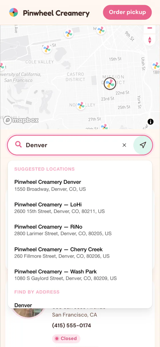 The Pinwheel Creamery locator on a phone: Denver typed in the search box, with Denver shops suggested by name and Denver suggested as a place.