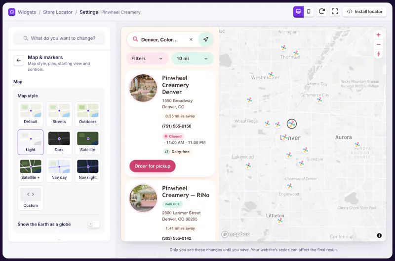 The StoreRocket Widget Studio with the Map & markers panel open, showing map styles to pick from, beside a live preview of the Pinwheel Creamery locator searching Denver.